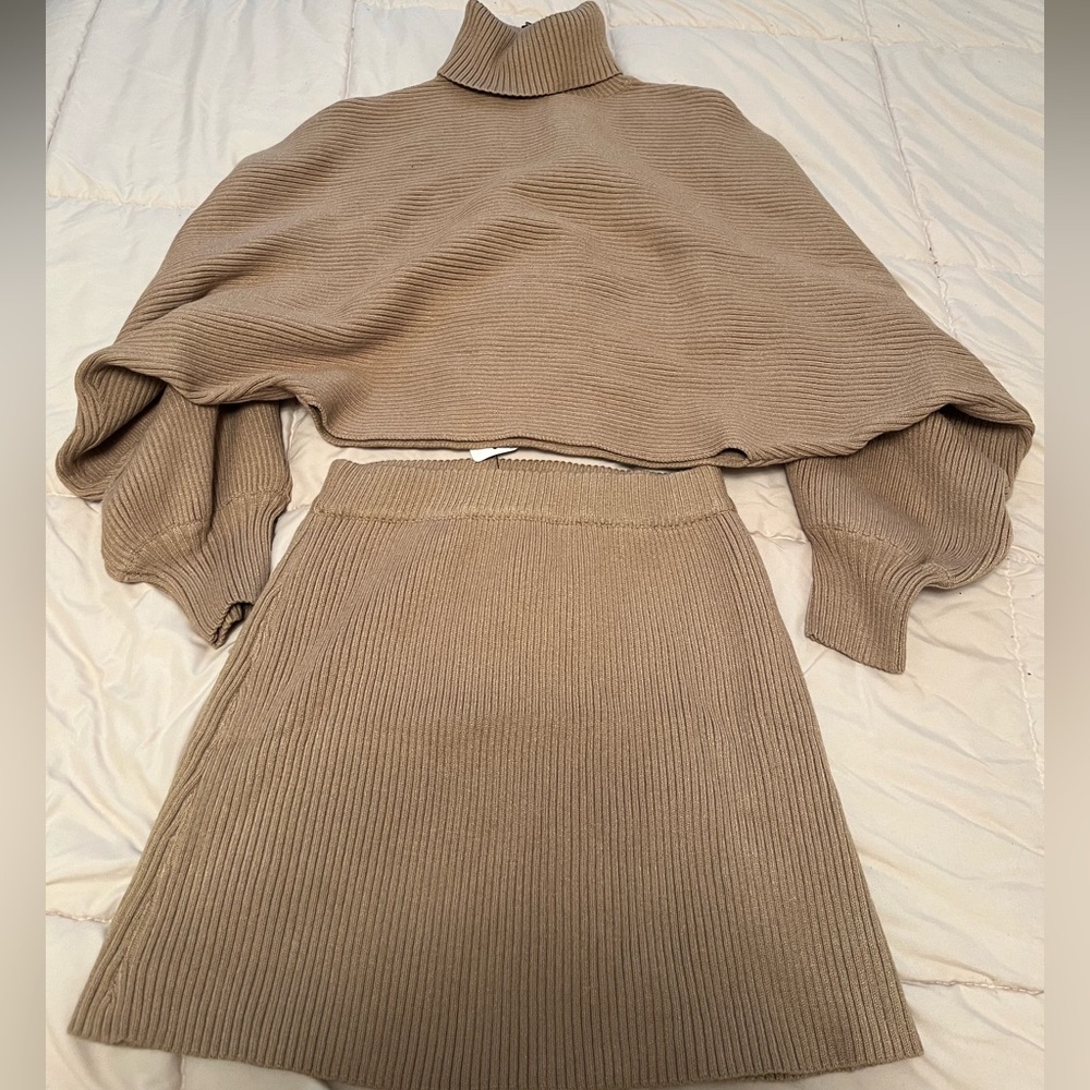Fashion Nova Tan Ribbed Knit Sweater and Skirt Set
